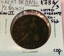 1734/3 1/2 Penny Great Britain Km#566 Listed Overdate Geo.II