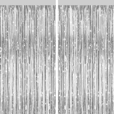 2 Pack Silver Metallic Tinsel Foil Fringe Curtains, 3.28ft x 6.56ft,