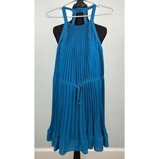 NWT Rebecca Taylor Sz4 Pool Blue Pleated Chiffon Halter Dress Drawstring Knee L.