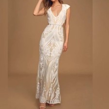 NEW 138 Lulus White Nude Always Adored Sequin Mermaid Maxi Dress XS Bridal