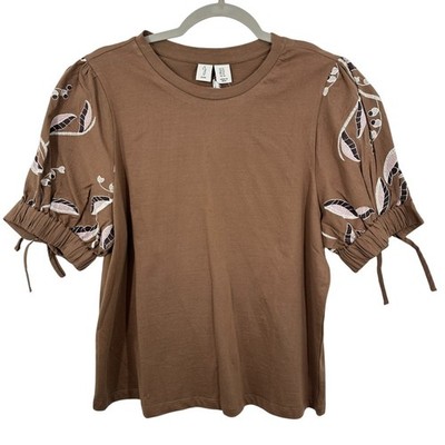 Joie Brown Embroidered Puff Sleeve Cotton Flax Blend Top Size Medium NWT Cottage