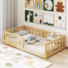 NAIZEA Floor Bed with Slats & Guardrail Crib Size Montessori Floor Bed w / Fence