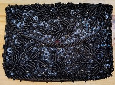 Vintage 5 x 3.5" Black Beaded Woman's Coin Purse Hand Made Hong Kong