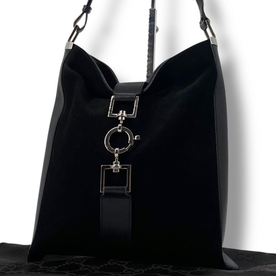 Gucci Black Suede Leather One Shoulder Bag with Metal Fittings Pre-Owned