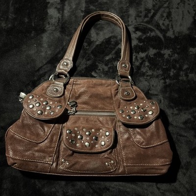 Kathy Van Zeeland Studded Hobo Bag Brown Dome Satchel Purse Top Handle