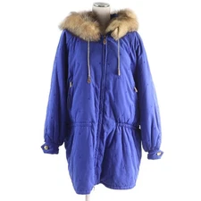 HERMES Vintage FOX Fur Hooded Meadow Embroidery ZIP UP Padded Coat Blue 40 Made