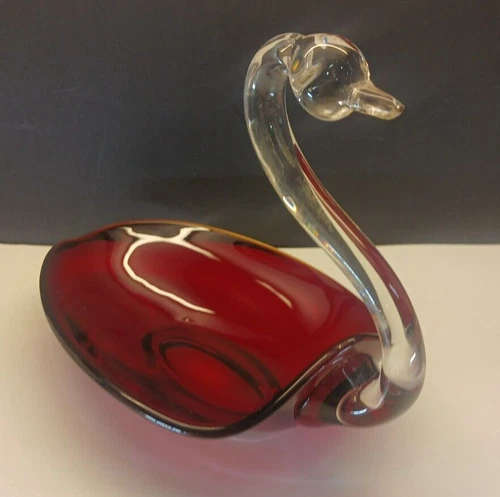 Vintage Duncan & Miller Red Glass Swan with Clear Neck Nut Dish Set