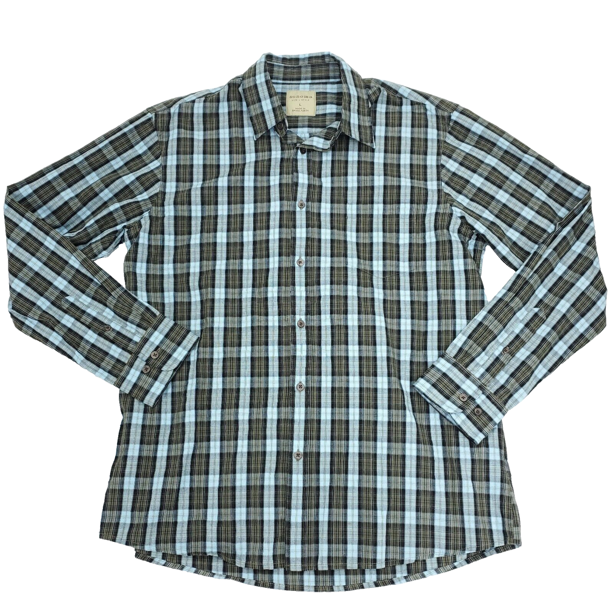Sonoma Button Shirt Men Large Blue Brown Plaid Long Sleeve 100% Cotton