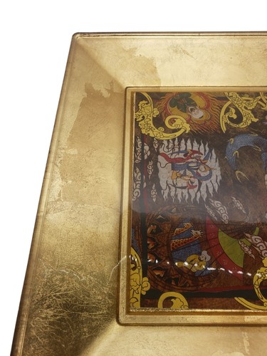 Vintage Gold Leaf Glass Tray With Polychrome Indian Persian Style Scene Square - Picture 7 of 10