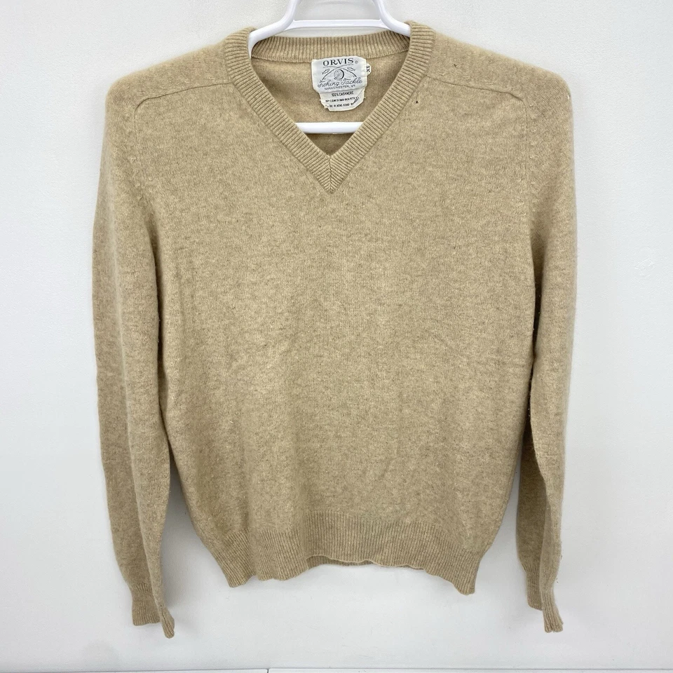 Винтажный мужской свитер Orvis размер XL 100% кашемир 70-е 80-е коричневый V-образный вырез премиум - Изображение 2 из 4