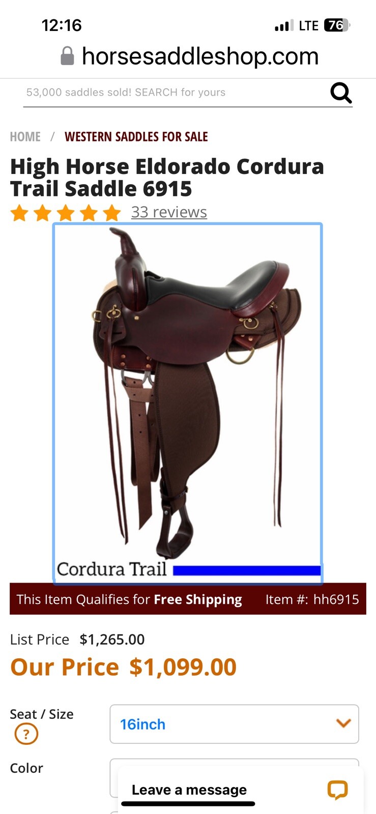 High Horse Eldorado Trail Saddle 16 Inch Wide Tree Brown. Used 4 Times