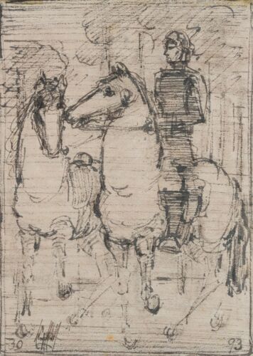 K. WOLF (1901-1993), jeździec z koniem ręcznym, 1930, rysunek pióra nowoczesny - Zdjęcie 1 z 5