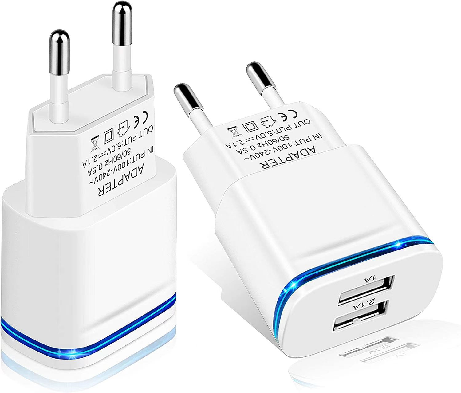 2x Caricabatterie da Viaggio UE con 2 Porte USB - Universale per Smartphone e Tablet
