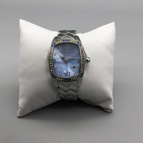 Chronotech Watch Women Silver Tone Rivoli Crystal Blue Date New Battery 6.25" - Picture 2 of 16