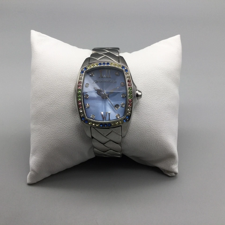 Reloj Chronotech Mujer Tono Plateado Rivoli Cristal Azul Fecha Batería Nueva 6.25" Foto 2 de 4