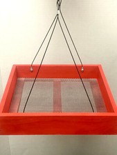Wood Bird Feeder-Hanging Platform galvannealed metal mesh seed tray-Painted Red 