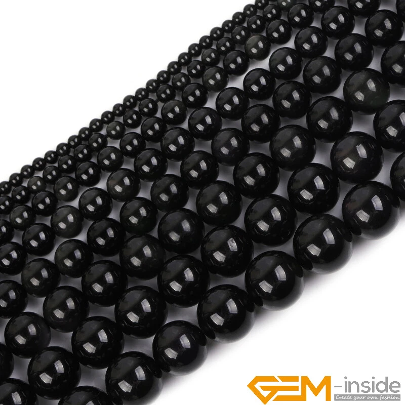 Natural Round Black Obsidian Stone Jewellery Making DIY Loose Beads Strand 15" - Image 2 of 4
