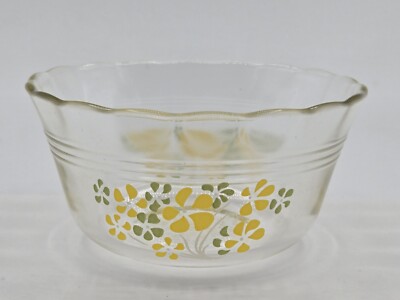 Vtg PYREX Japan Custard Bowl 463 Yellow Green Flowers RARE Daisy Print Cup Iwaki