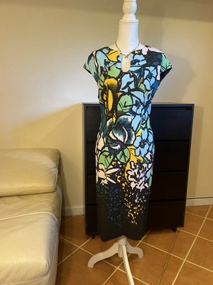 ESCADA Multicolor Floral Silk Sheath Midi Dress 38 Keyhole Round Neck
