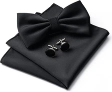 Men's Solid Color Bow Tie Set (Pre-Tied, Double Fold) w/ Pocket Square & Cufflin