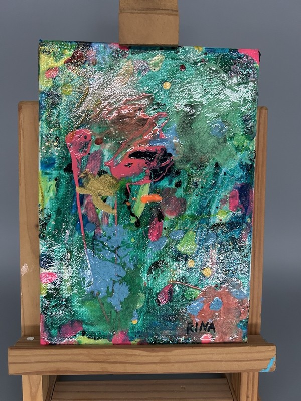 Small 7”x5” Green Original Abstract Painting 3 Collision series by Miss Rina
