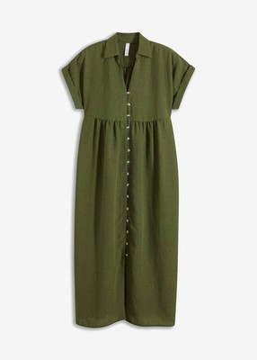 Neu Blusenkleid im Leinenlook Gr. 36 Dunkelkhaki Damen Midikleid Casual-Kleid