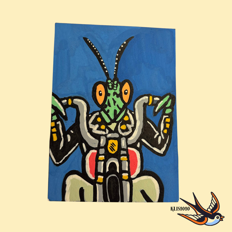 ACEO Artist Trading Original Mixed Media Biker Mantis 2.5x3.5 On Paper by KL
