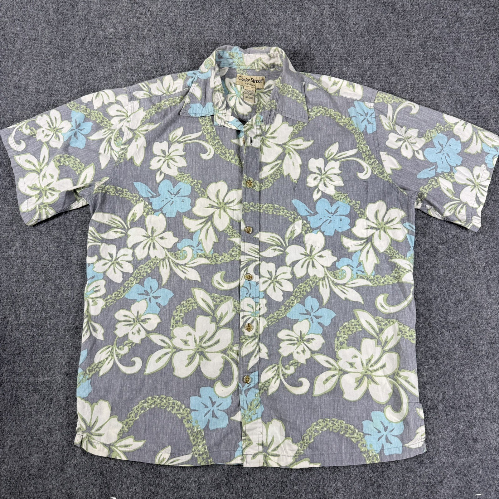 🏝️ Cooke Street Honolulu Hawaiian Shirt Large Gray Teal Floral Cotton Aloha L