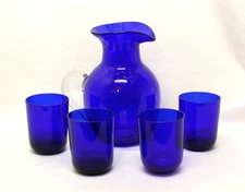 Vintage Libbey Cobalt Blue Glass Pitcher and 4 Tumblers in Excellent Condition