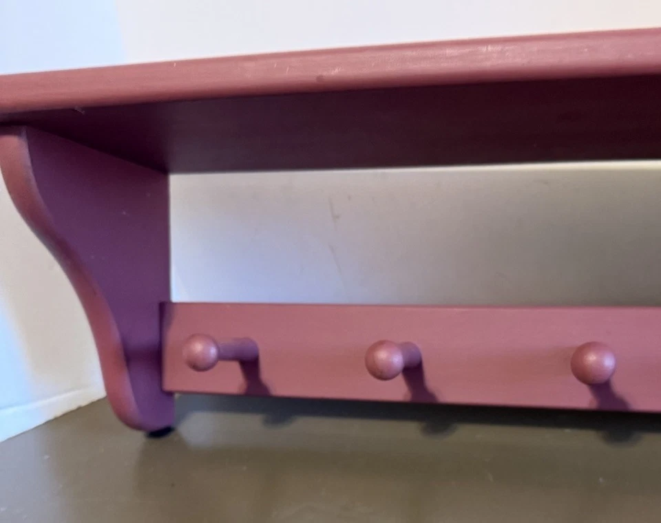 Vintage Wooden Rose Painted Shelf Wall Hanging Wood Coat Rack 5 Hangers 26” - Image 3 of 4