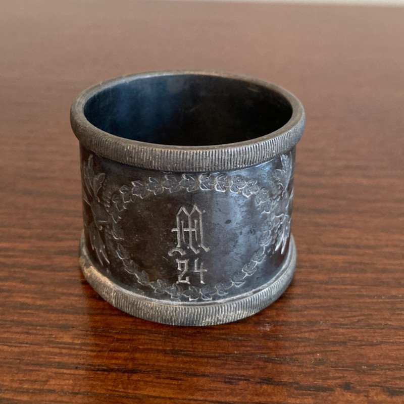 Antique Silverplate Napkin Ring with Engraved Design and Floral Engraving, "M"24