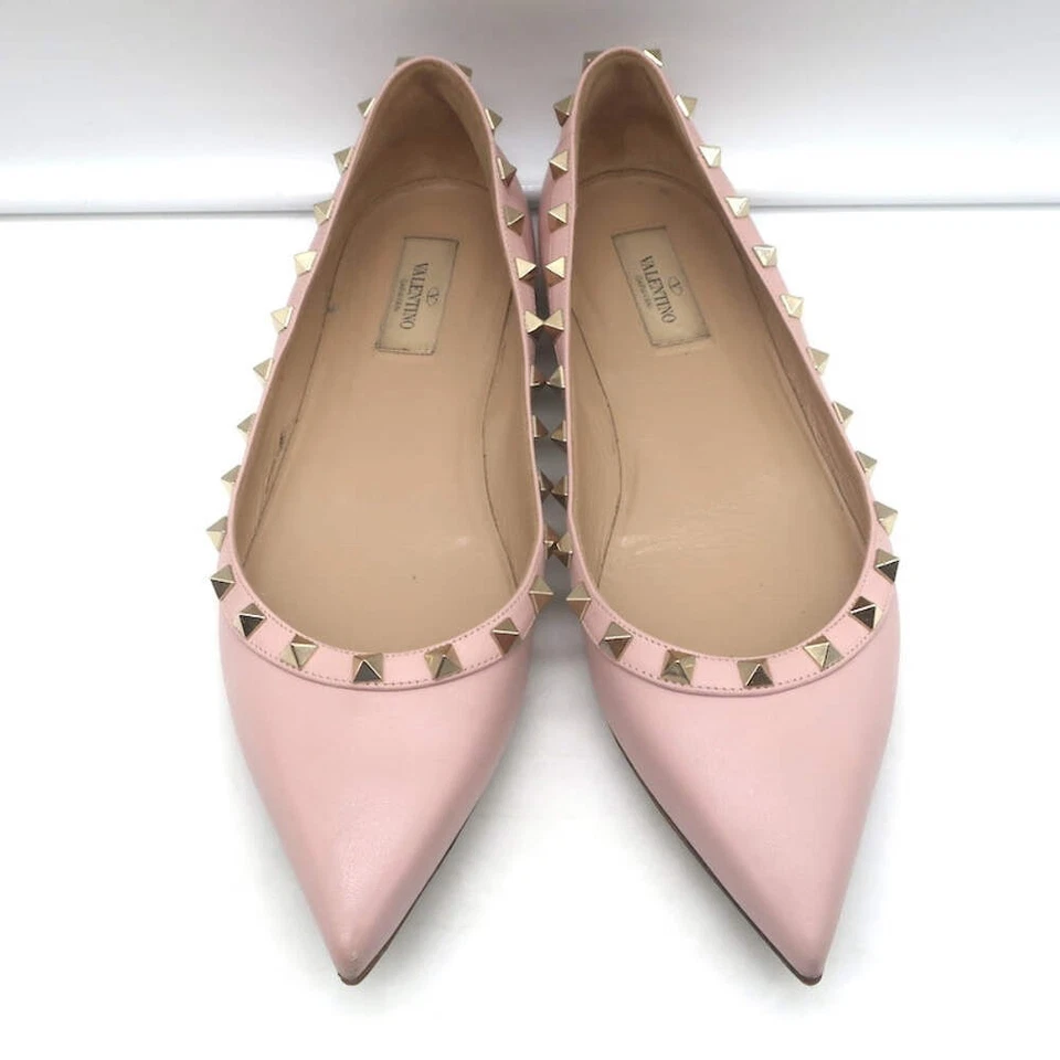 Valentino Rockstud Punta Punta Ballet Planos Polvo Rosa Cuero Talla 40 Foto 3 de 4