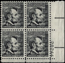 US Scott # 1282, Abraham Lincoln, Plate Block of (4) 1965 4¢ Stamps, MNH