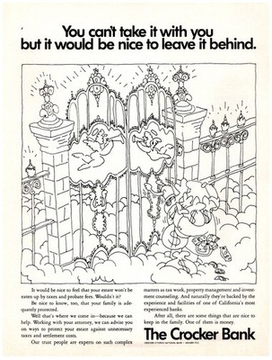 PRINT AD, 1970 The Crocker Bank Take Estate Money To Heaven After Death Cartoon