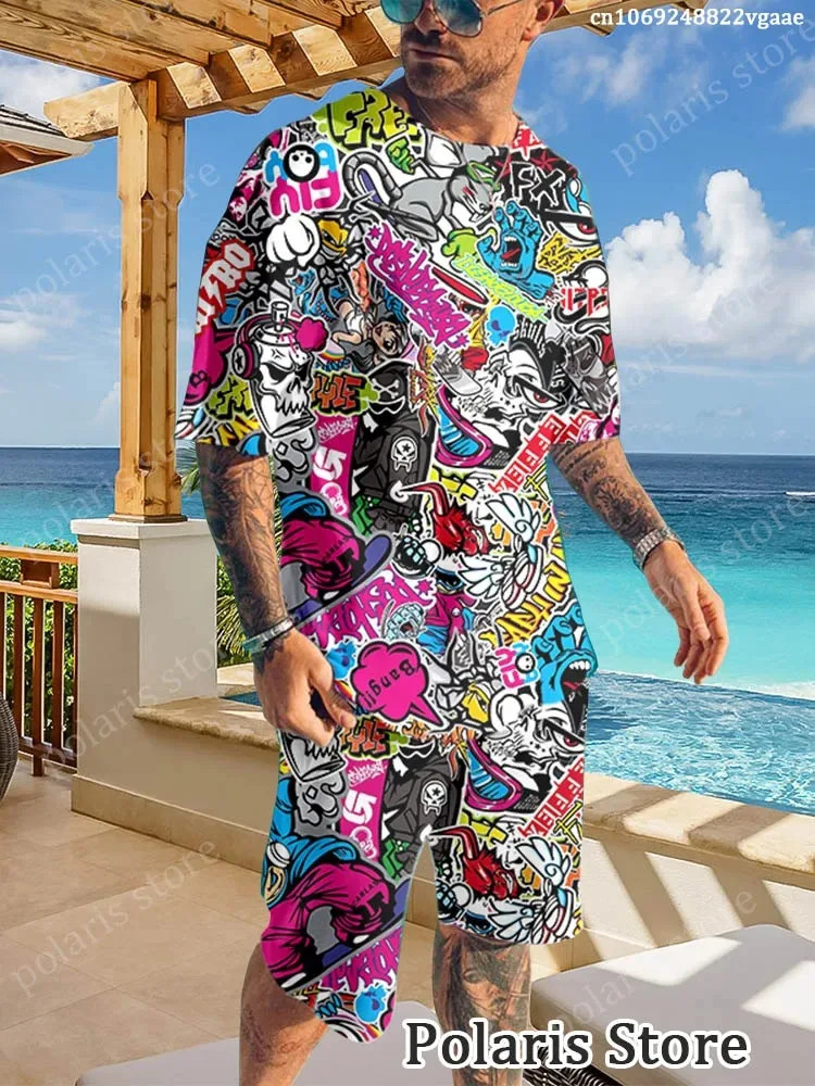 Verano Graffiti Ropa Deportiva Para Hombre Divertido Conjunto Camiseta Manga Ropa Suelta Hip Hop