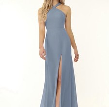Azazie Sleeveless Dusty Blue Bridesmaid Dress with Front Slit and Cross Back
