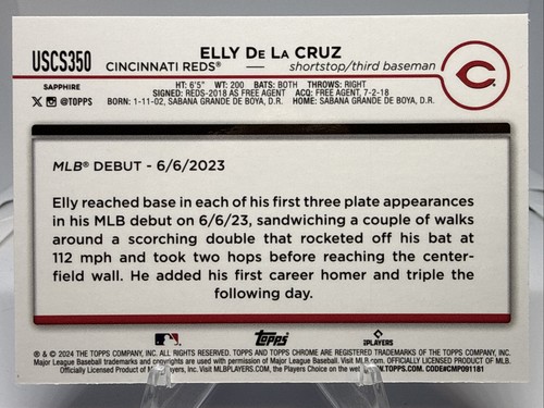 2024 Topps Chrome Update Series Sapphire Edition - Rookie Debut Elly De La Cruz - Bild 2 von 2