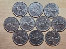 Canada 25-cents coins, lot of 10 coins, 1968-1979. KM# 62b, nickel. Caribou. QE2