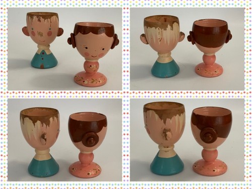 Vtg SEVI Italy Wood Egg Cups - Boy & Girl - Brown Hair - SET OF 2 - Read Desc! - Picture 10 of 10