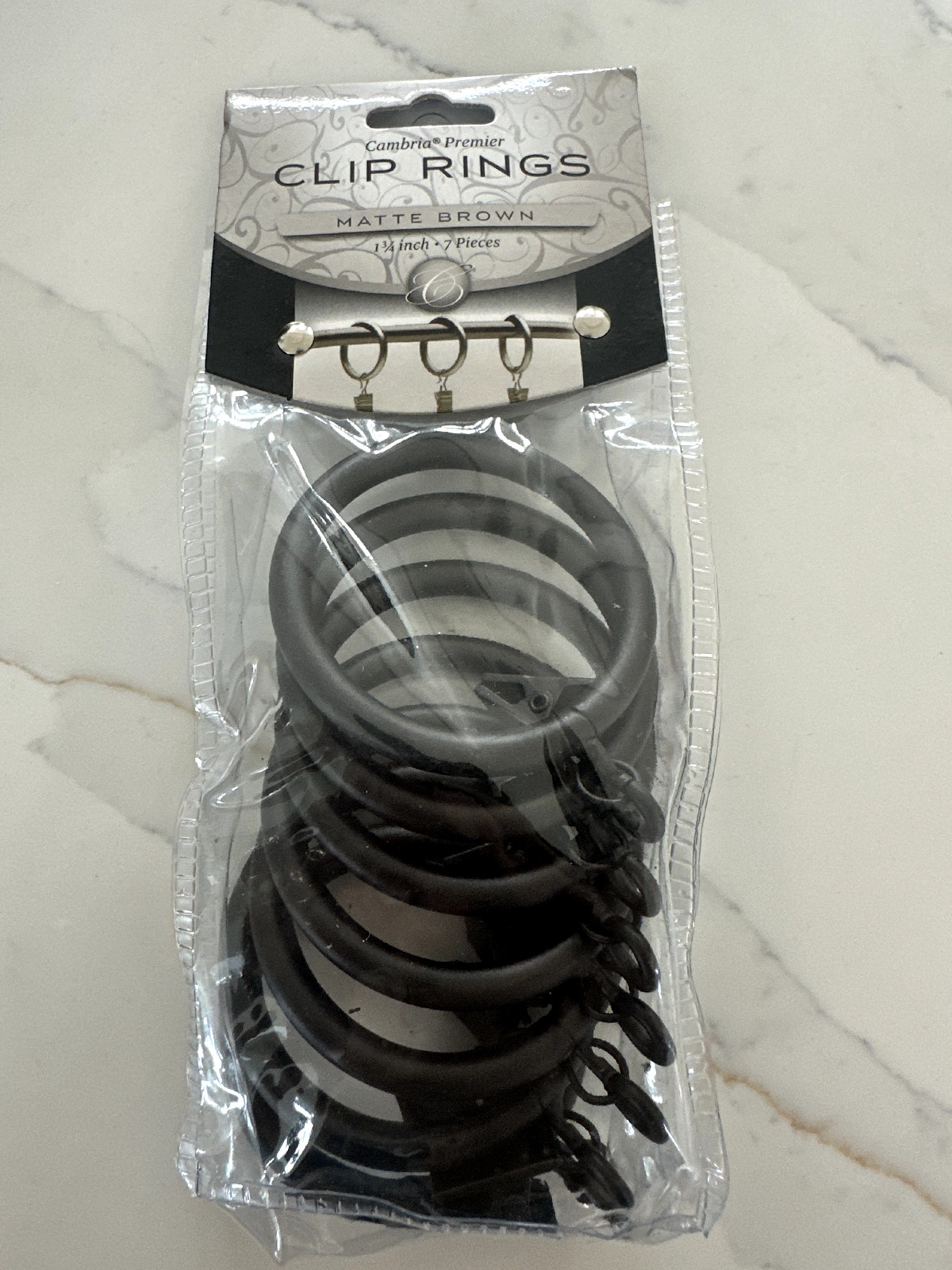 New-Bed Bath & Beyond Calambria Premier Clip Rings: 1 3/4”.  7 Pc.  Matte Brown