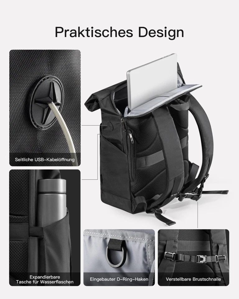 Inateck RollTop Rucksack 25L-30L Tagesrucksack 17 Zoll Laptops Fahrrad Schulruck - Bild 3 von 4