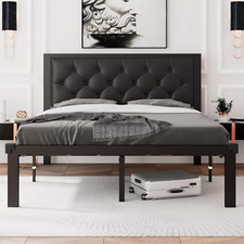 Full Size Metal Bed Frame with Faux Leather Button Tufted Headboard, Heavy-Duty
