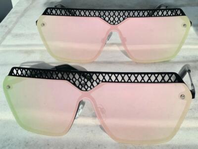 Contemporary Modern Retro Shield Stylish SUNGLASSES Black Frame Flat Pink Lens
