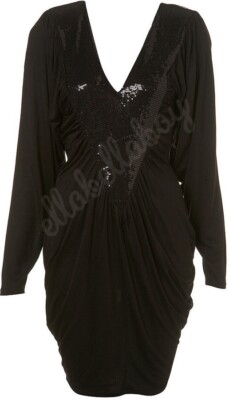 TOPSHOP Black Ruched Sequin Plunge V Neck Tulip Batwing 80s Power Dress UK8 10