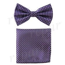 Men's Pre-tied Bow Tie  hankie set checkers purple black wedding formal prom