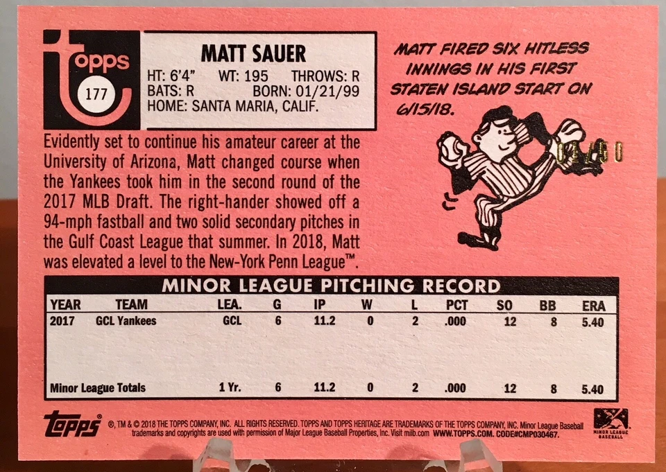 2018 Topps Heritage Minors MATT SAUER Black Border #'d 1 of /50 New York Yankees - Image 2 of 3