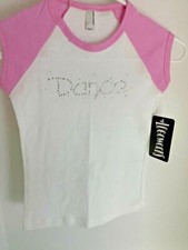 Girls Dance T-Shirt with Rhinstones White Pink Cap Sleeve Size Small New