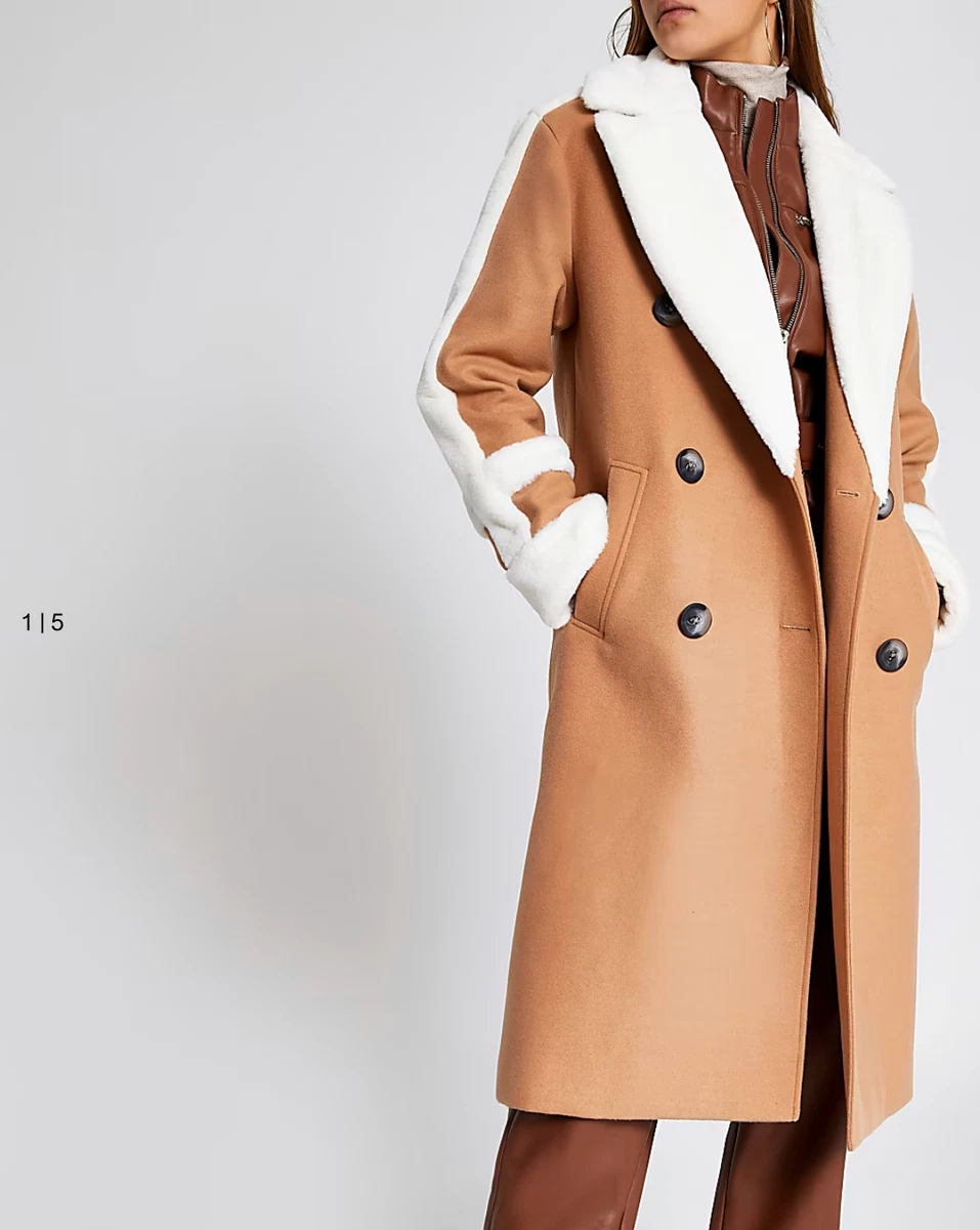 River Island Double Breasted Pea Coat Faux Fur Trim Beige Tan US XS S UK 8 NWT