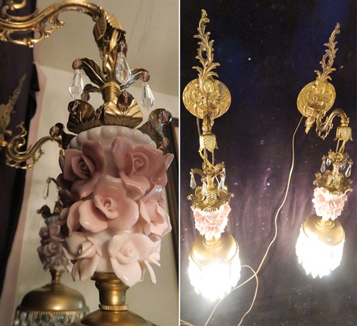 2 Sconce lamp Brass bronze Pink Rose vintage Porcelain beads Rococo - 第 1/12 張圖片