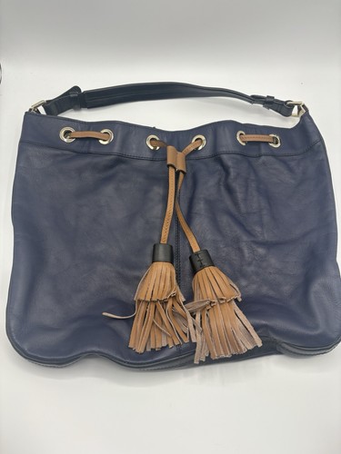 Boden 100% Leather Bag Navy Blue Tan With Gold Hardware And Tassel Drawstring